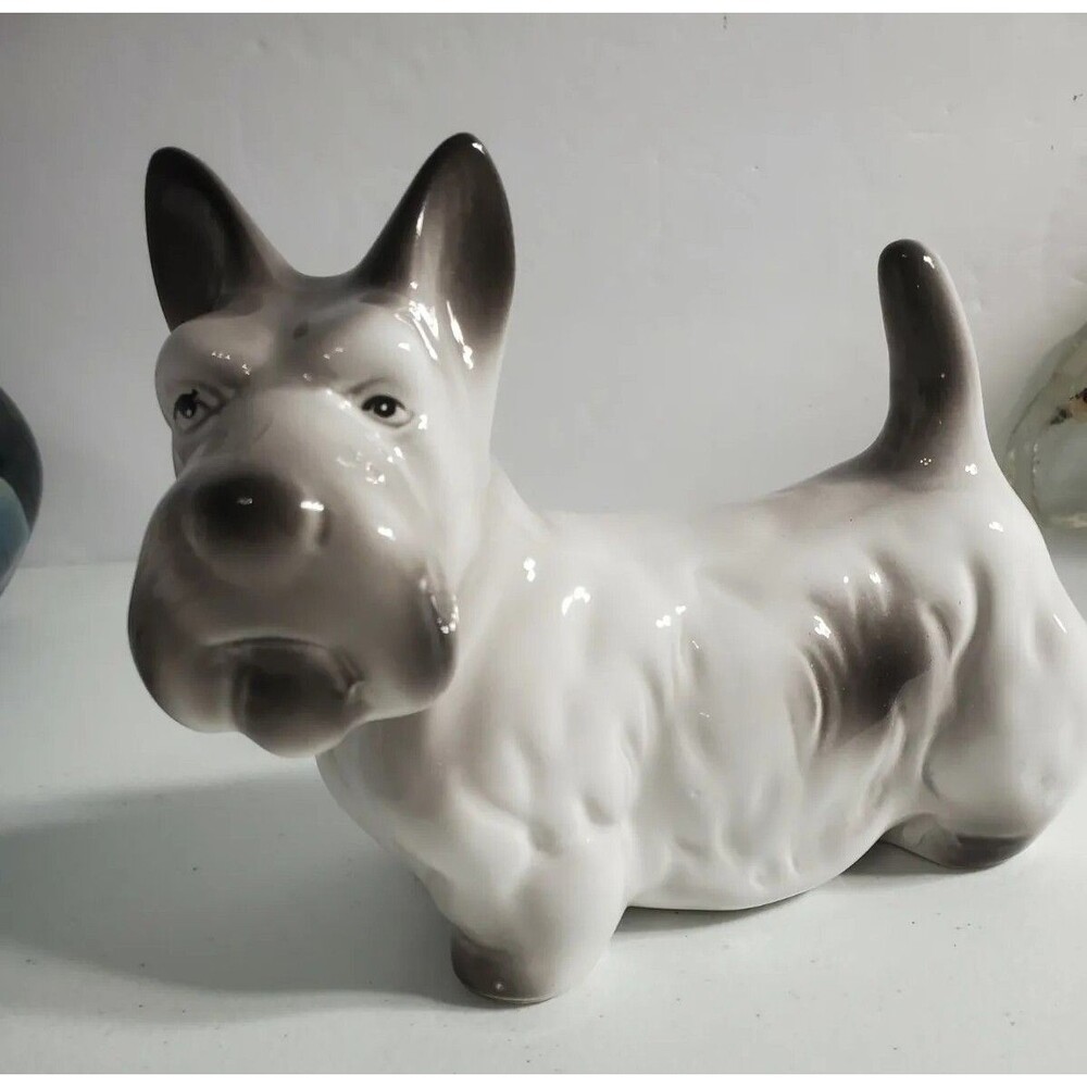 Grey Schnauzer Scottish Terrier Puppy Dog Figurine Ceramic  Porcelain 6"